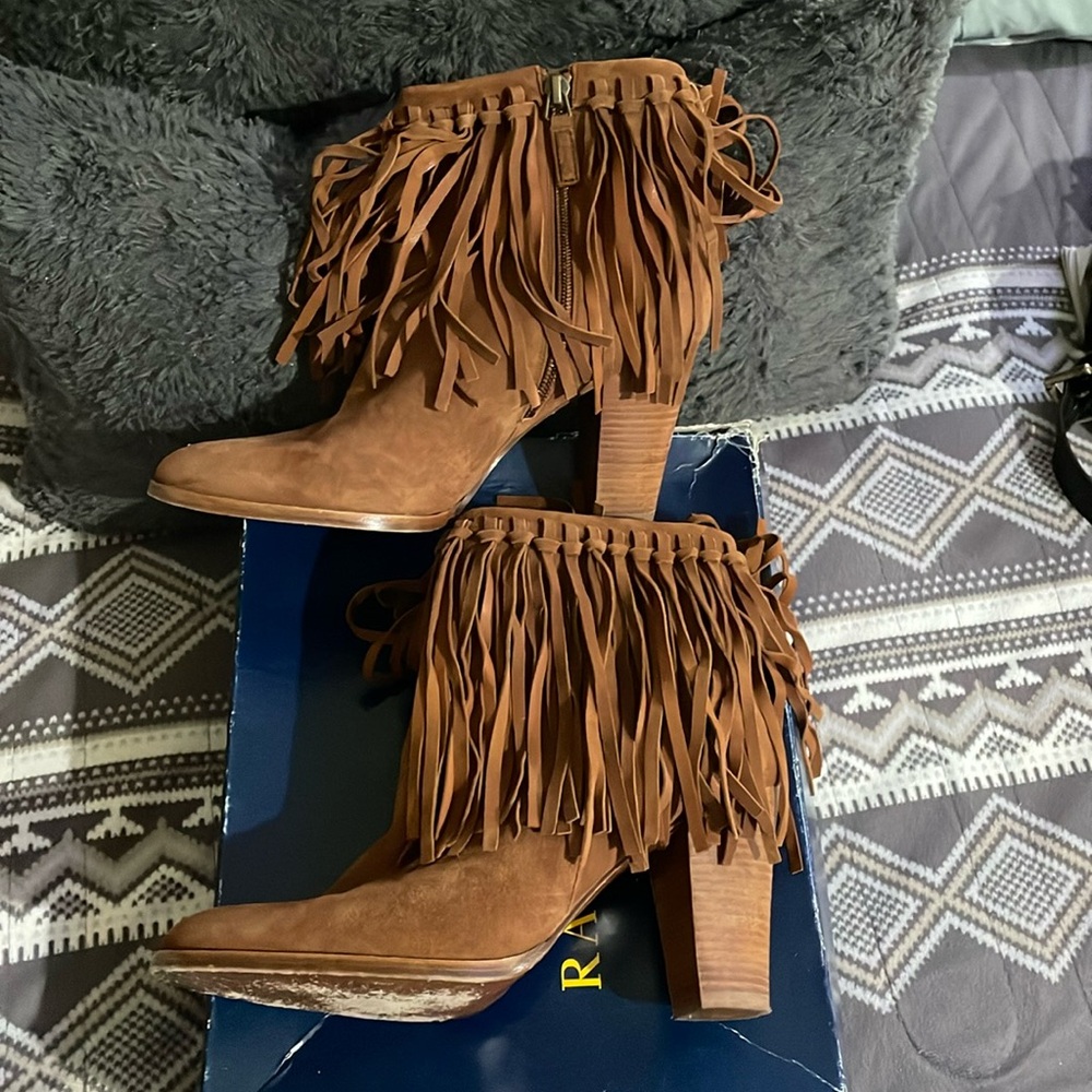 Polo by Ralph Lauren Brown Suede Fringe Heeled Ankle Boots - Picture 2 of 5